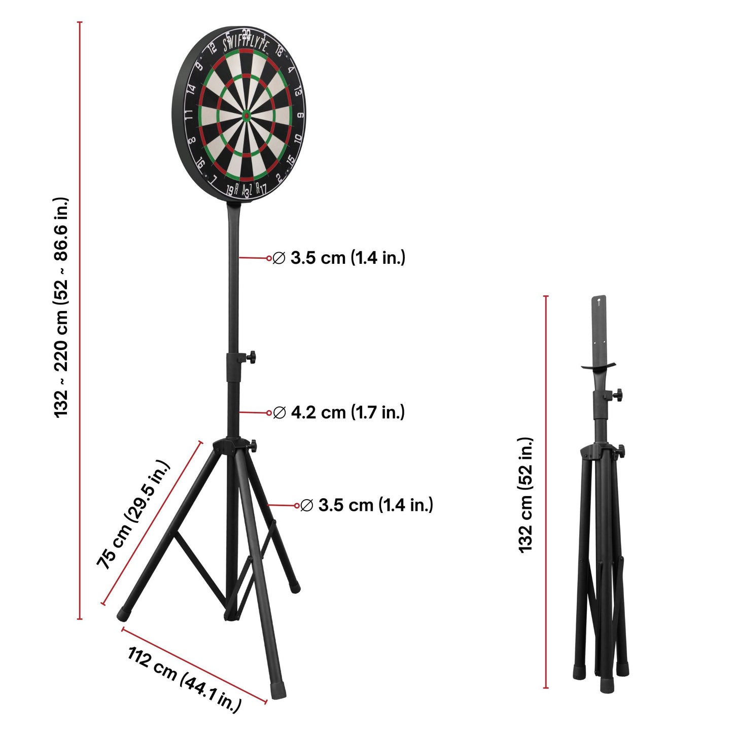 Dartboard with height-adjustable stand and measurements on a white background