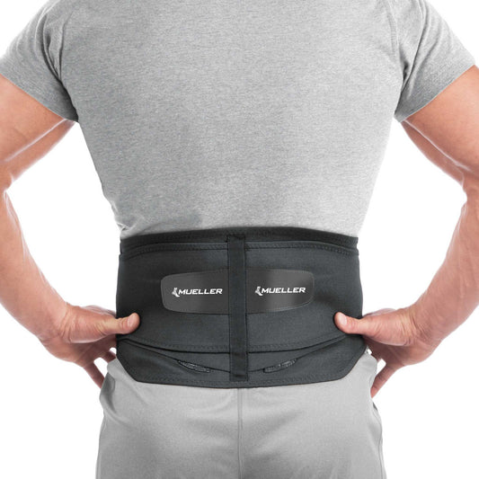 MuellerĀ® Adjustable Lumbar Back Brace with Removable Pad, Unisex, One Size Fits Most - Black