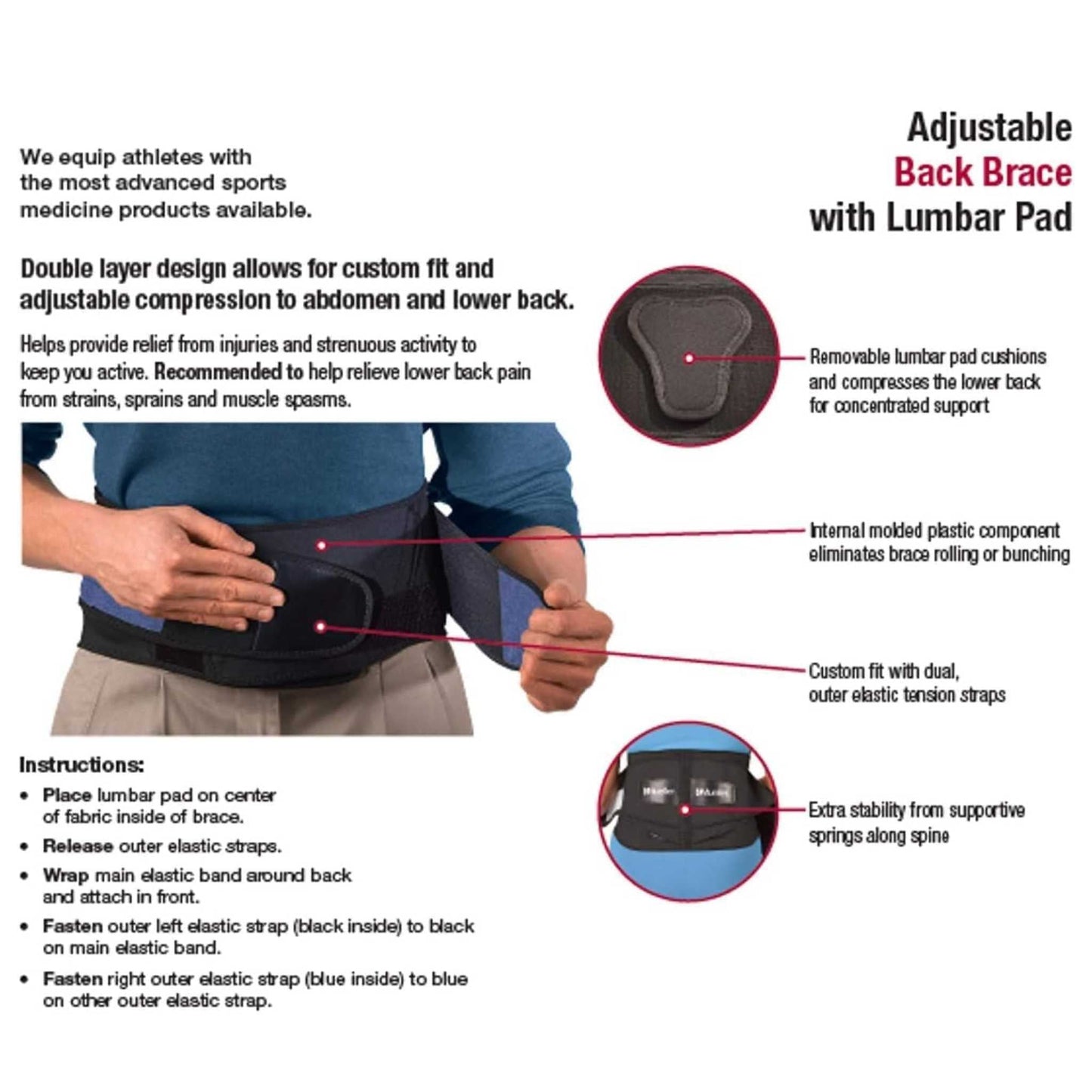 Mueller® Adjustable Lumbar Back Brace with Removable Pad, Unisex, One Size Fits Most - Black