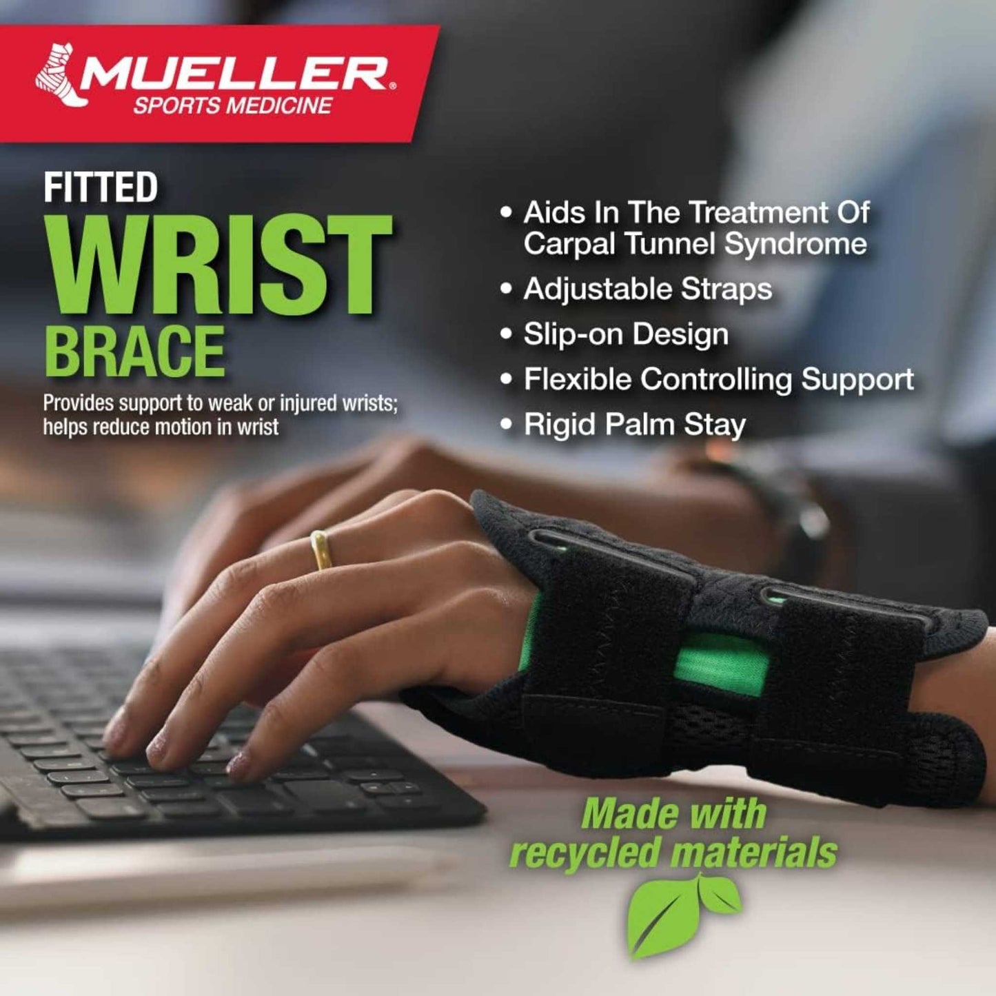 Mueller® Green Fitted Wrist Brace, Left Hand, Unisex, One Size Fits Most - Black
