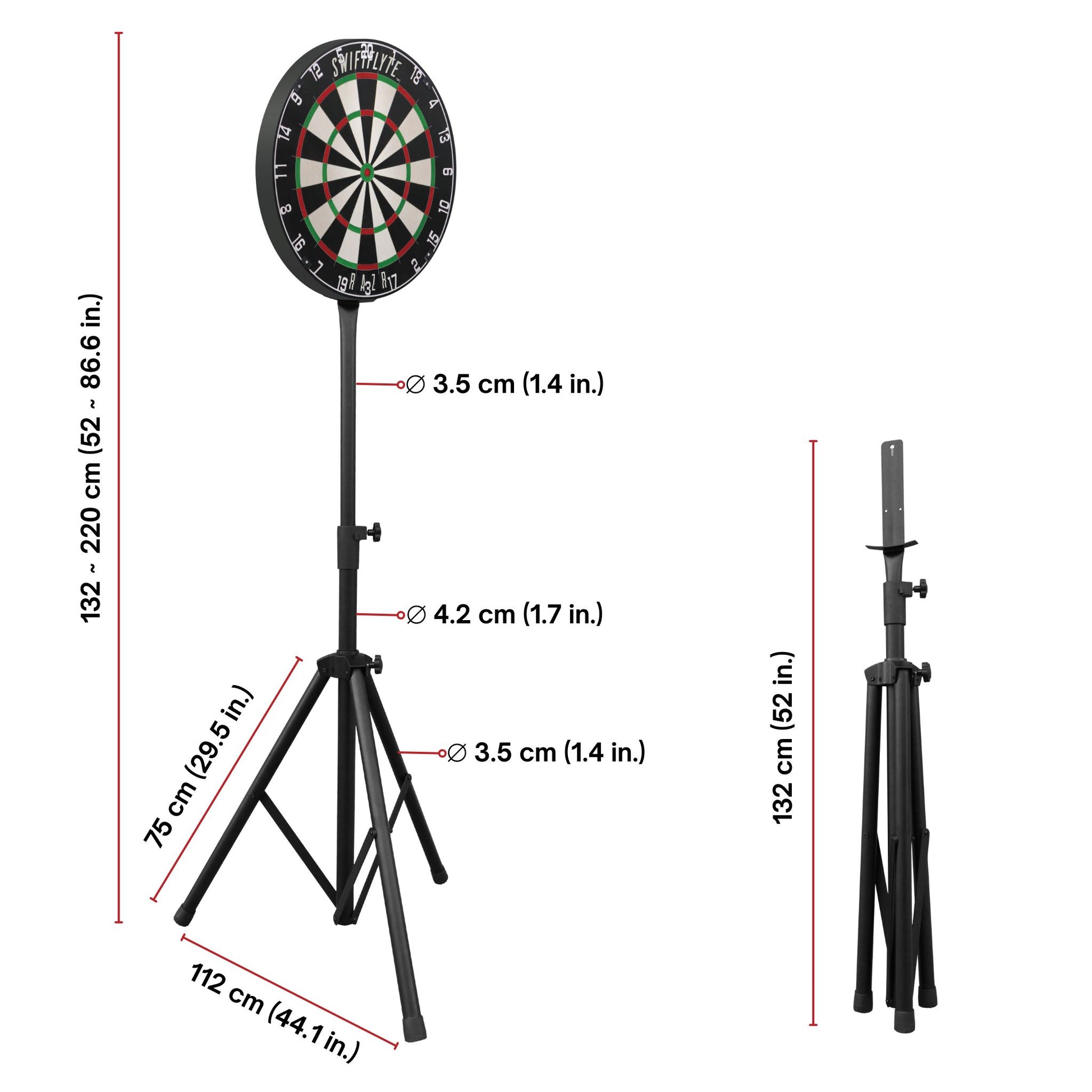 Dartboard with height-adjustable stand and measurements on a white background