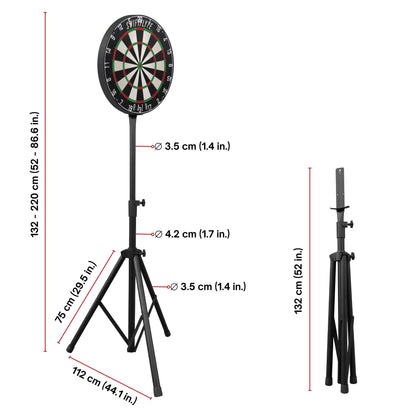 Dartboard with height-adjustable stand and measurements on a white background